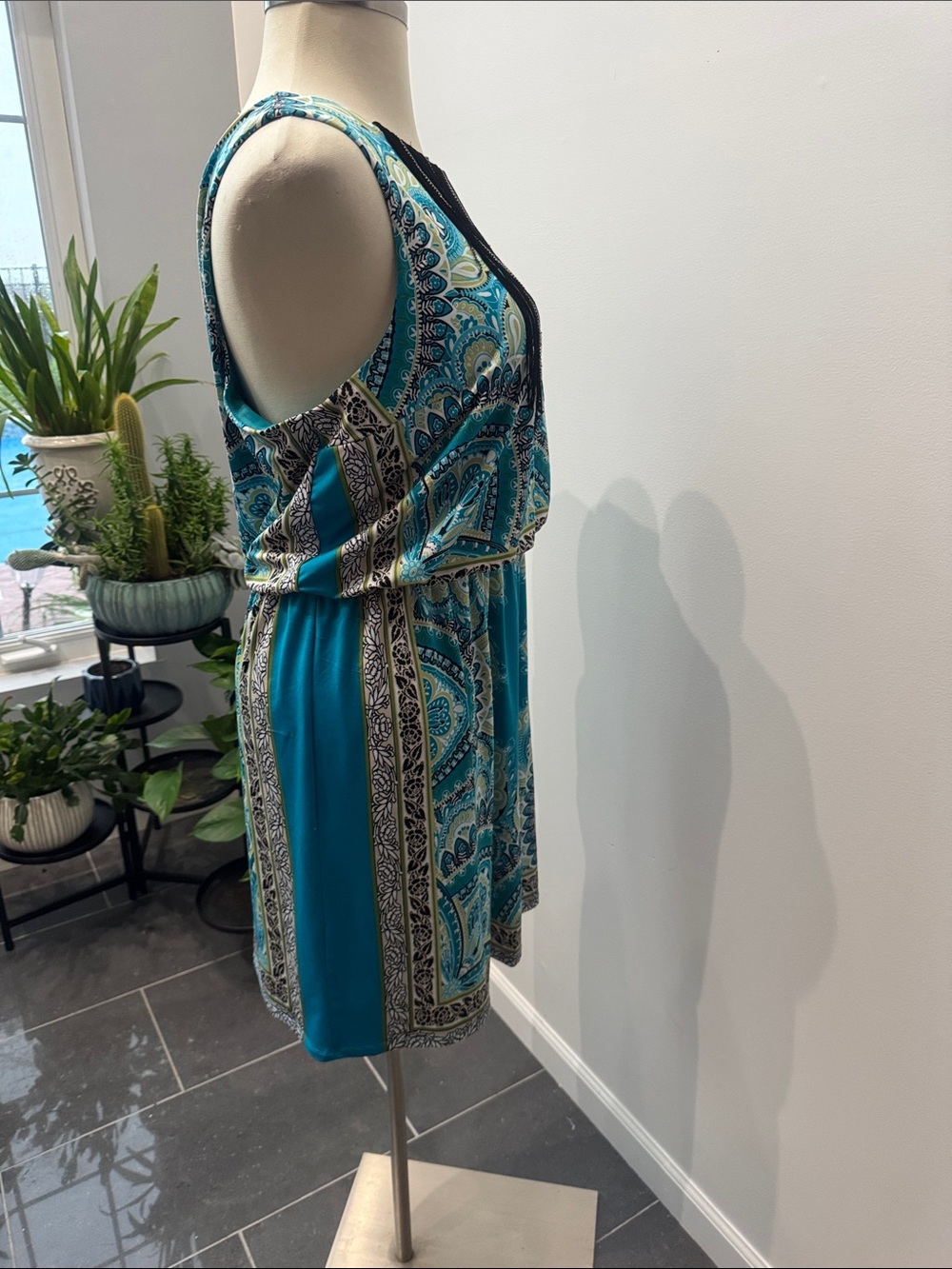 Cato Teal Paisley Sleeveless Mini Dress with Black Fringe - Picture 3 of 6